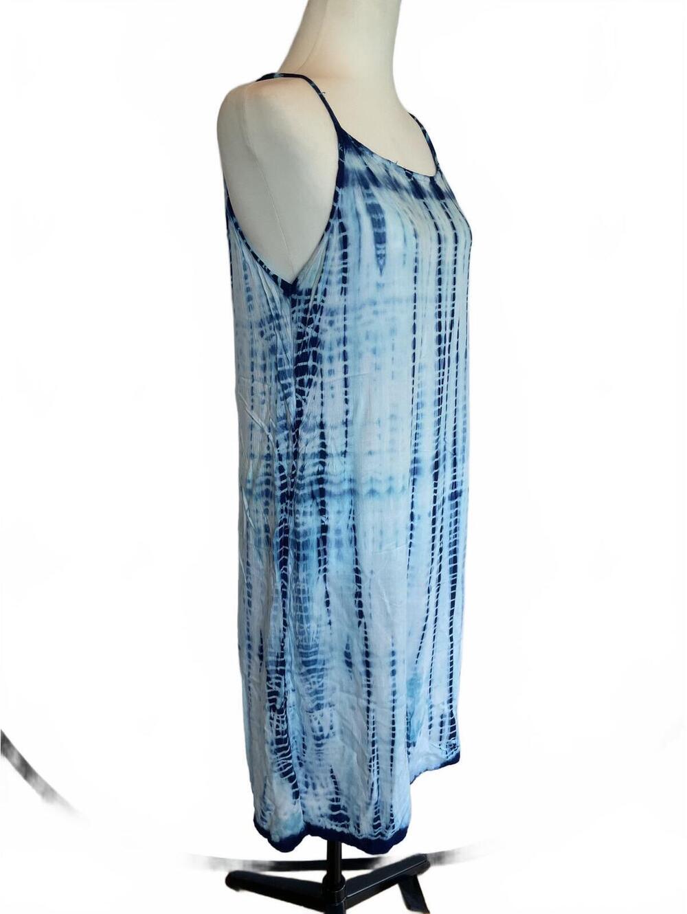 Blue Tie Dye Cover Up Slip Dress Medium Midi Rayon Beach Pool Vacation Summer - Picture 3 of 8